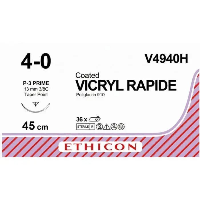 Ethicon Ethicon VICRYL RAPIDE Polyglactin 910 Braided Rapidly Absorbable Surgical Suture – USP 4 - 0 – 45 cm – Undyed – Single - Armed Taper Point P - 3 PRIME Needle 13 mm, 3/8 Circle – V4940H (Box of 36) UK V4940H