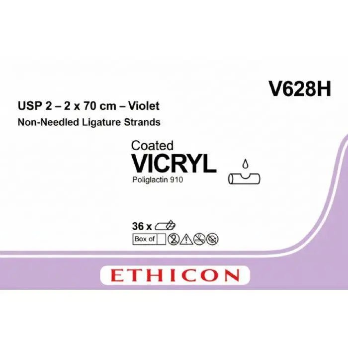 Ethicon Ethicon VICRYL Polyglactin 910 Braided Absorbable Surgical Suture – USP 2 – 2 x 70 cm – Violet – Non - Needled Ligature Strands – V628H (Box of 36) Size: 2 Colour: Violet (D&C Violet 2) Style: Non - needled UK V628H