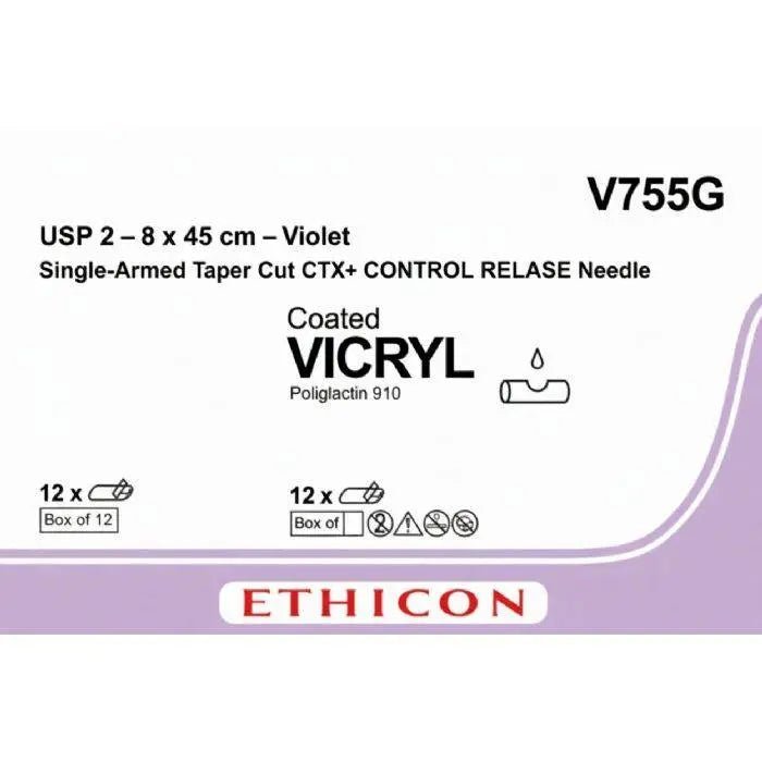 Ethicon Ethicon VICRYL Polyglactin 910 Braided Absorbable Surgical Suture – USP 2 – 8 x 45 cm – Violet – Single - Armed Taper Cut CTX+ CONTROL RELEASE Needle – V755G (Box of 12) Size: 2 Colour: Violet (D&C Violet 2) Style: Taper Cut CTX+ UK V755G