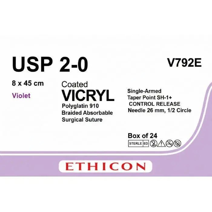 Ethicon Ethicon VICRYL Polyglactin 910 Braided Absorbable Surgical Suture – USP 2 - 0 – 8 x 45 cm – Violet – Single - Armed Taper Point SH - 1+ CONTROL RELEASE Needle 26 mm, 1/2 Circle – V792E (Box of 24) Size: 2 - 0 UK V792E