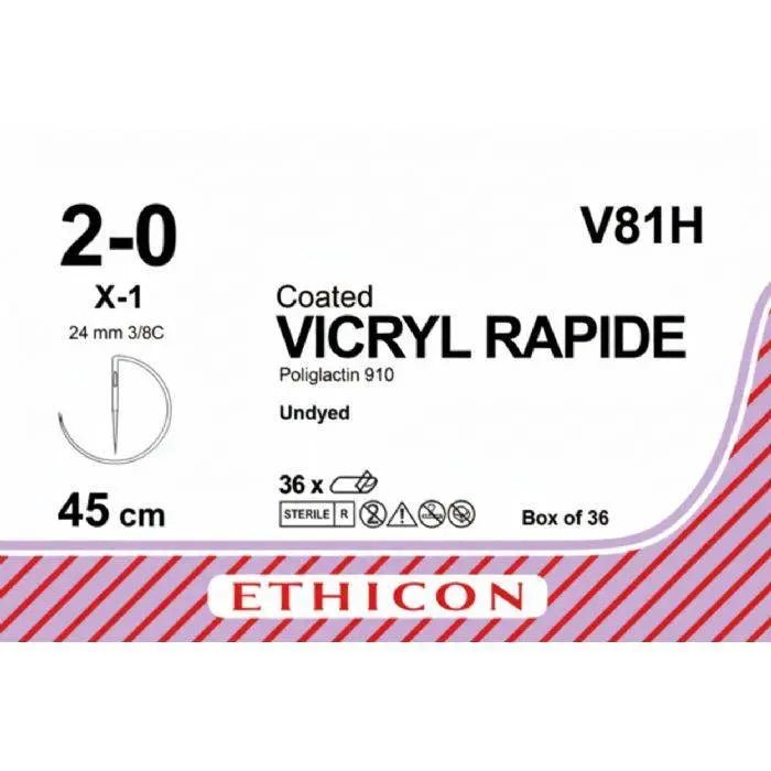 Ethicon Ethicon VICRYL RAPIDE Polyglactin 910 Braided Rapidly Absorbable Surgical Suture – USP 2 - 0 – 45 cm – Undyed – Single - Armed Conventional Cutting X - 1 Needle 24 mm, 3/8 Circle – V81H (Box of 36) Size: 2 - 0 Colour: Undyed Style: Conventional Cutting X - 1 UK V81H