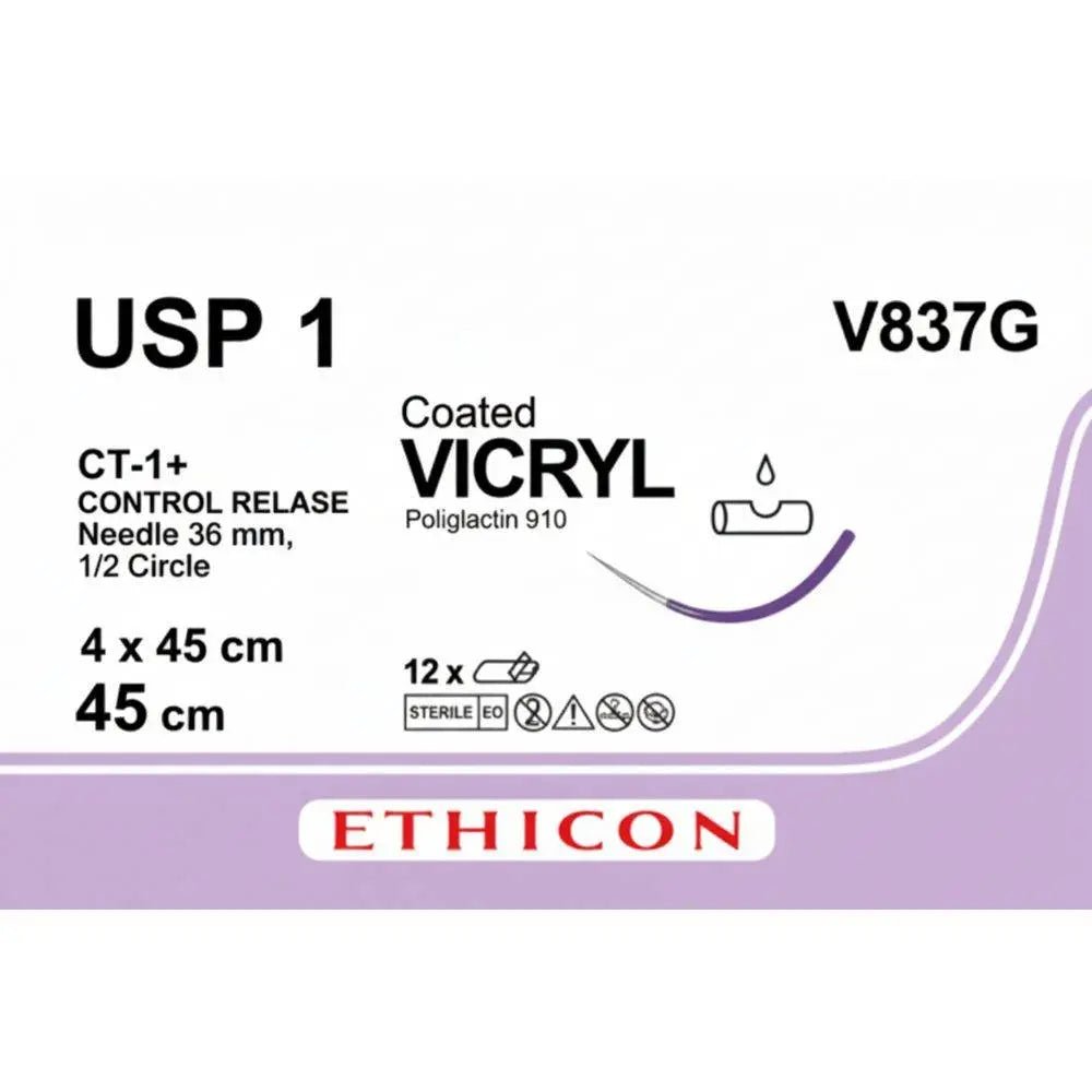 Ethicon Ethicon VICRYL Polyglactin 910 Braided Absorbable Surgical Suture – USP 1 – 4 x 45 cm – Violet – Single - Armed Taper Point CT - 1+ CONTROL RELEASE Needle 36 mm, 1/2 Circle – V837G (Box of 12) Size: 1 Colour: Violet (D&C Violet 2) Style: Taper Point CT - 1+ UK V837G