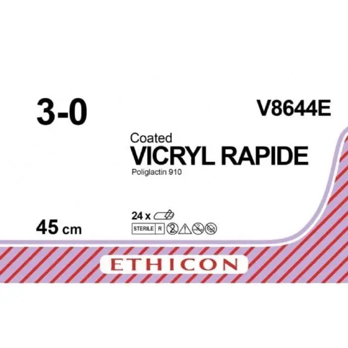 Ethicon Ethicon VICRYL RAPIDE Braided Polyglactin 910 Absorbable Surgical Suture – USP 3 - 0 – 45 cm – Undyed – Non - Needled Ligature – V8644E (Box of 24) Size: 3 - 0 Colour: Undyed Style: Non - Needled (Ligature) UK V8644E