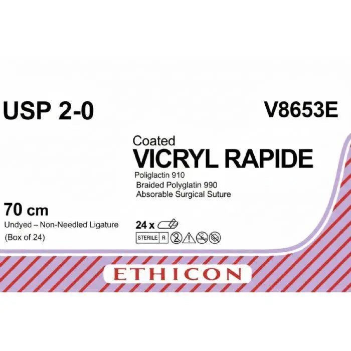 Ethicon Ethicon VICRYL RAPIDE Braided Polyglactin 910 Absorbable Surgical Suture – USP 2 - 0 – 70 cm – Undyed – Non - Needled Ligature – V8653E (Box of 24) Size: 2 - 0 Colour: Undyed Style: Non - Needled (Ligature) UK V8653E