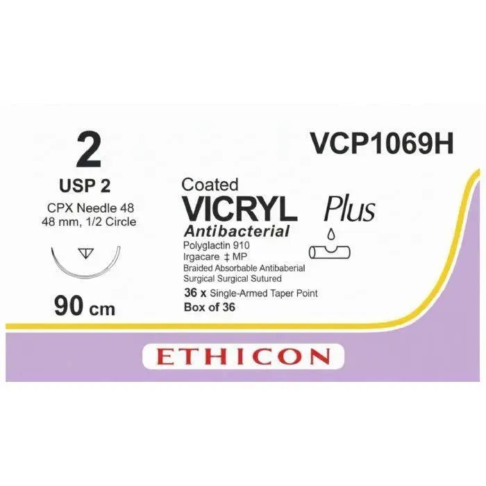 Ethicon Ethicon VICRYL PLUS Polyglactin 910 Braided Absorbable Antibacterial Surgical Suture – USP 2 – 90 cm – Undyed – Single - Armed Taper Point CPX Needle 48 mm, 1/2 Circle – VCP1069H (Box of 36) Size: 2 Colour: Undyed Style: Taper Point CPX UK VCP1069H