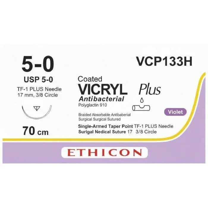 Ethicon Ethicon VICRYL PLUS Polyglactin 910 Braided Absorbable Antibacterial Surgical Suture – USP 5 - 0 – 70 cm – Violet – Single - Armed Taper Point TF - 1 PLUS Needle 17 mm, 3/8 Circle – VCP133H (Box of 36) Size: 5 - 0 Colour: Violet Style: Taper Point TF - 1 PLUS UK VCP133H