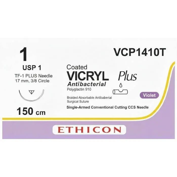 Ethicon Ethicon VICRYL PLUS Polyglactin 910 Braided Absorbable Antibacterial Surgical Suture – USP 1 – 150 cm – Violet – Single - Armed Conventional Cutting CCS Needle – VCP1410T (Box of 24) Size: 1 Colour: Violet Style: Conventional Cutting CCS UK VCP1410T