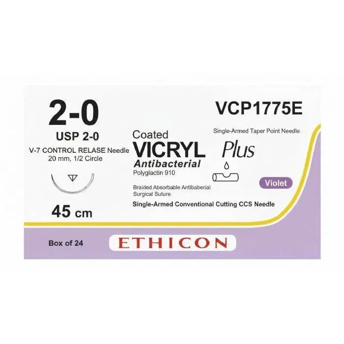 Ethicon Ethicon VICRYL PLUS Polyglactin 910 Braided Absorbable Antibacterial Surgical Suture – USP 2 - 0 – 8 x 45 cm – Violet – Single - Armed Taper Point V - 7 CONTROL RELEASE Needle 20 mm, 1/2 Circle – VCP1775E (Box of 24) Size: 2 - 0 Colour: Violet Style: Taper Point UK VCP1775E
