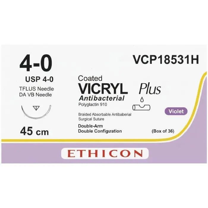 Ethicon Ethicon VICRYL PLUS Polyglactin 910 Braided Absorbable Antibacterial Surgical Suture – USP 4 - 0 – 45 cm – Violet – Single - Armed Double - Arm Configuration DA VB Needle – VCP18531H (Box of 36) Size: 4 - 0 Colour: Violet Style: Single - armed (DA VB configuration) UK VCP18531H