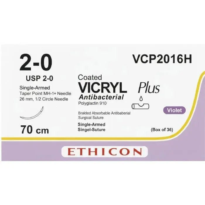 Ethicon Ethicon VICRYL PLUS Polyglactin 910 Braided Absorbable Antibacterial Surgical Suture – USP 2 - 0 – 70 cm – Violet – Single - Armed Taper Point MH - 1+ Needle 26 mm, 1/2 Circle – VCP2016H (Box of 36) Size: 2 - 0 Colour: Violet Style: Taper Point MH - 1+ UK VCP2016H