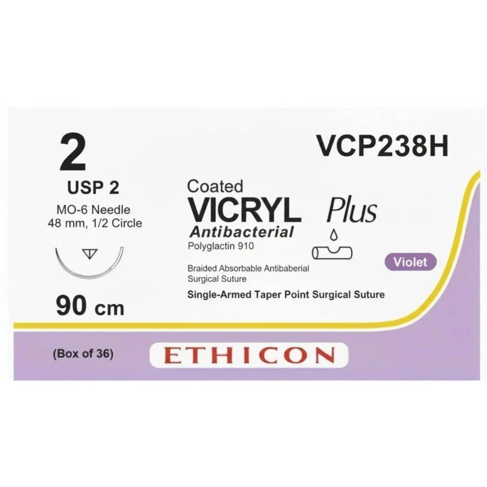 Ethicon Ethicon VICRYL PLUS Polyglactin 910 Braided Absorbable Antibacterial Surgical Suture – USP 2 – 90 cm – Violet – Single - Armed Taper Point MO - 6 Needle 48 mm, 1/2 Circle – VCP238H (Box of 36) Size: 2 Colour: Violet Style: Taper Point MO - 6 UK VCP238H