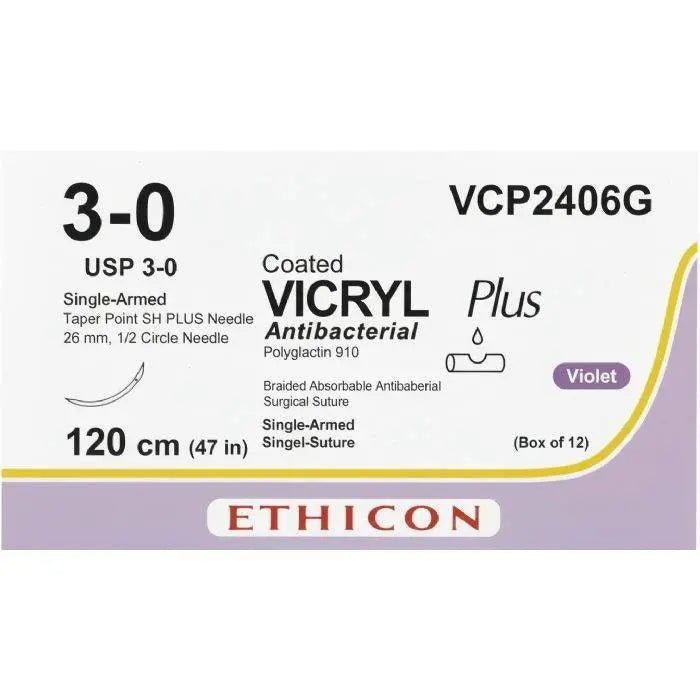 Ethicon Ethicon VICRYL PLUS Polyglactin 910 Braided Absorbable Antibacterial Surgical Suture – USP 3 - 0 – 120 cm (47 in) – Violet – Single - Armed Taper Point SH PLUS Needle 26 mm, 1/2 Circle – VCP2406G (Box of 12) Size: 3 - 0 Colour: Violet Style: Taper Point SH PLUS UK VCP2406G