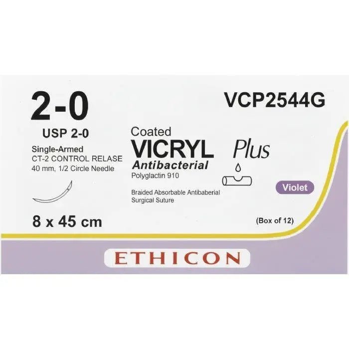 Ethicon Ethicon VICRYL PLUS Polyglactin 910 Braided Absorbable Antibacterial Surgical Suture – USP 2 - 0 – 8 x 45 cm – Violet – Single - Armed Taper Point CT - 2 CONTROL RELEASE Needle 40 mm, 1/2 Circle – VCP2544G (Box of 12) Size: 2 - 0 UK VCP2544G