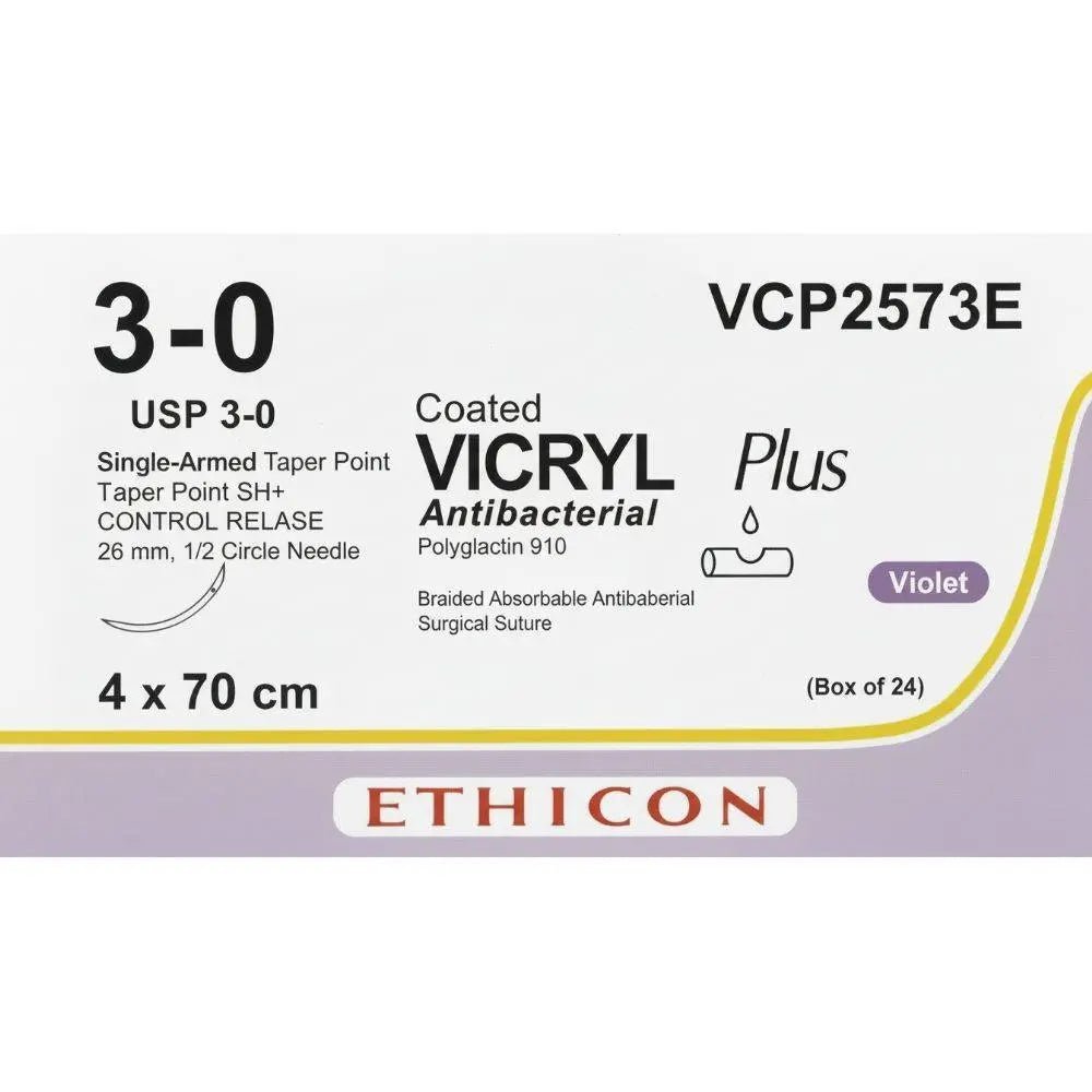 Ethicon Ethicon VICRYL PLUS Polyglactin 910 Braided Absorbable Antibacterial Surgical Suture – USP 3 - 0 – 4 x 70 cm – Violet – Single - Armed Taper Point SH+ CONTROL RELEASE Needle 26 mm, 1/2 Circle – VCP2573E (Box of 24) Size: 3 - 0 UK VCP2573E
