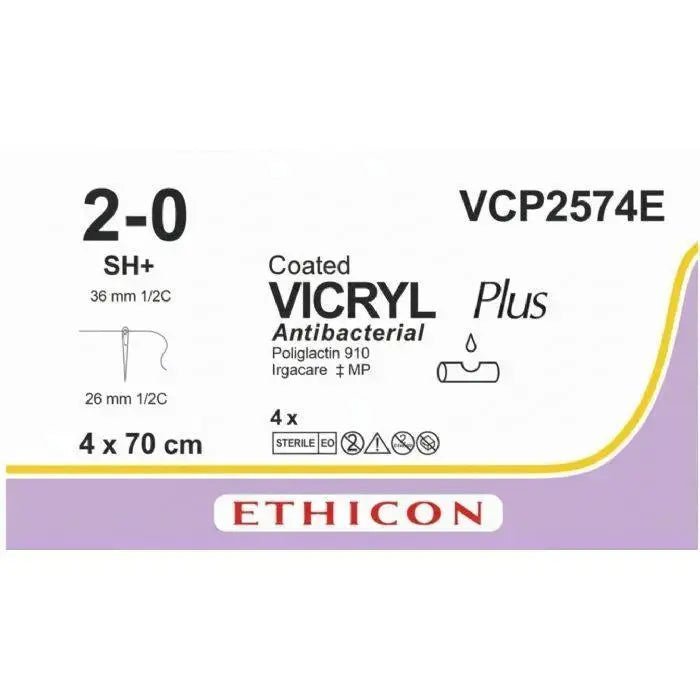 Ethicon Ethicon VICRYL PLUS Polyglactin 910 Braided Absorbable Antibacterial Surgical Suture – USP 2 - 0 – 4 x 70 cm – Violet – Single - Armed Taper Point SH+ CR Needle 26 mm, 1/2 Circle – VCP2574E (Box of 24) Size: 2 - 0 Colour: Violet Style: Taper Point SH+ UK VCP2574E