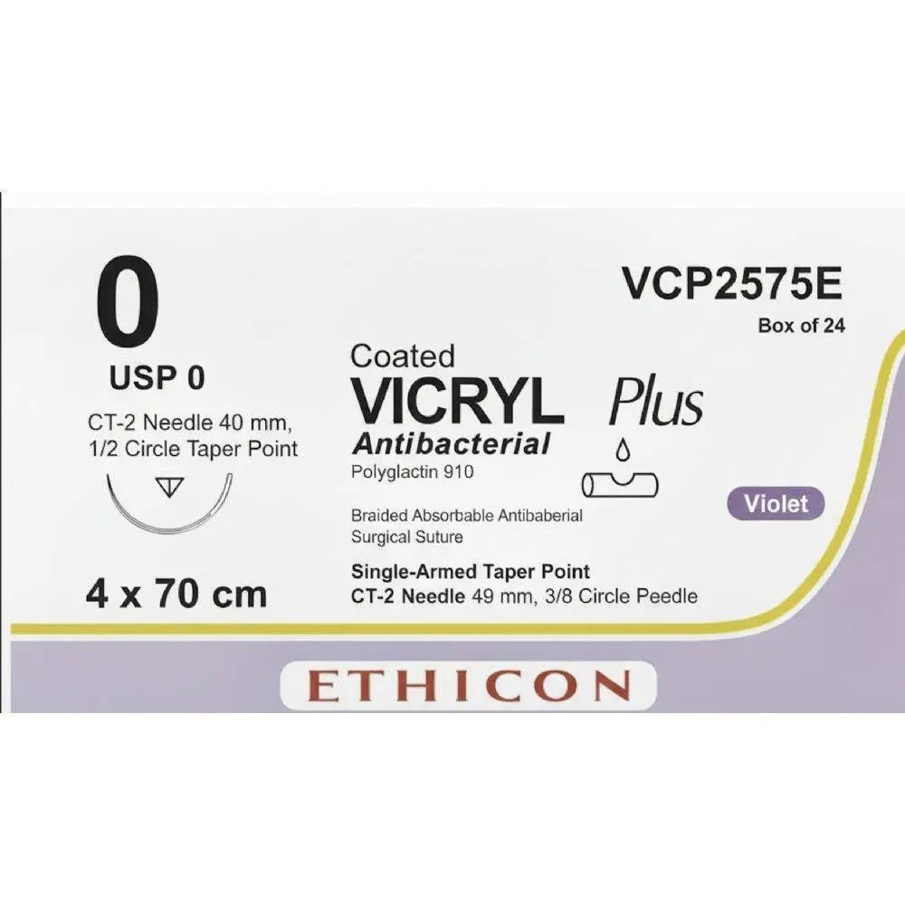 Ethicon Ethicon VICRYL PLUS Polyglactin 910 Braided Absorbable Antibacterial Surgical Suture – USP 0 – 4 x 70 cm – Violet – Single - Armed Taper Point CT - 2 CONTROL RELEASE Needle 40 mm, 1/2 Circle – VCP2575E (Box of 24) UK VCP2575E