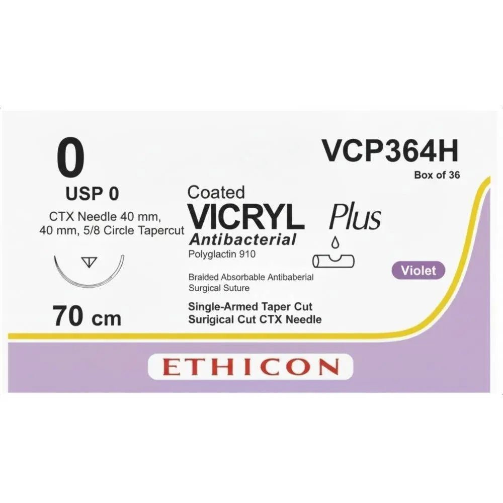 Ethicon Ethicon VICRYL PLUS Polyglactin 910 Braided Absorbable Antibacterial Surgical Suture – USP 0 – 70 cm – Violet – Single - Armed Taper Cut CTX Needle – VCP364H (Box of 36) UK VCP364H