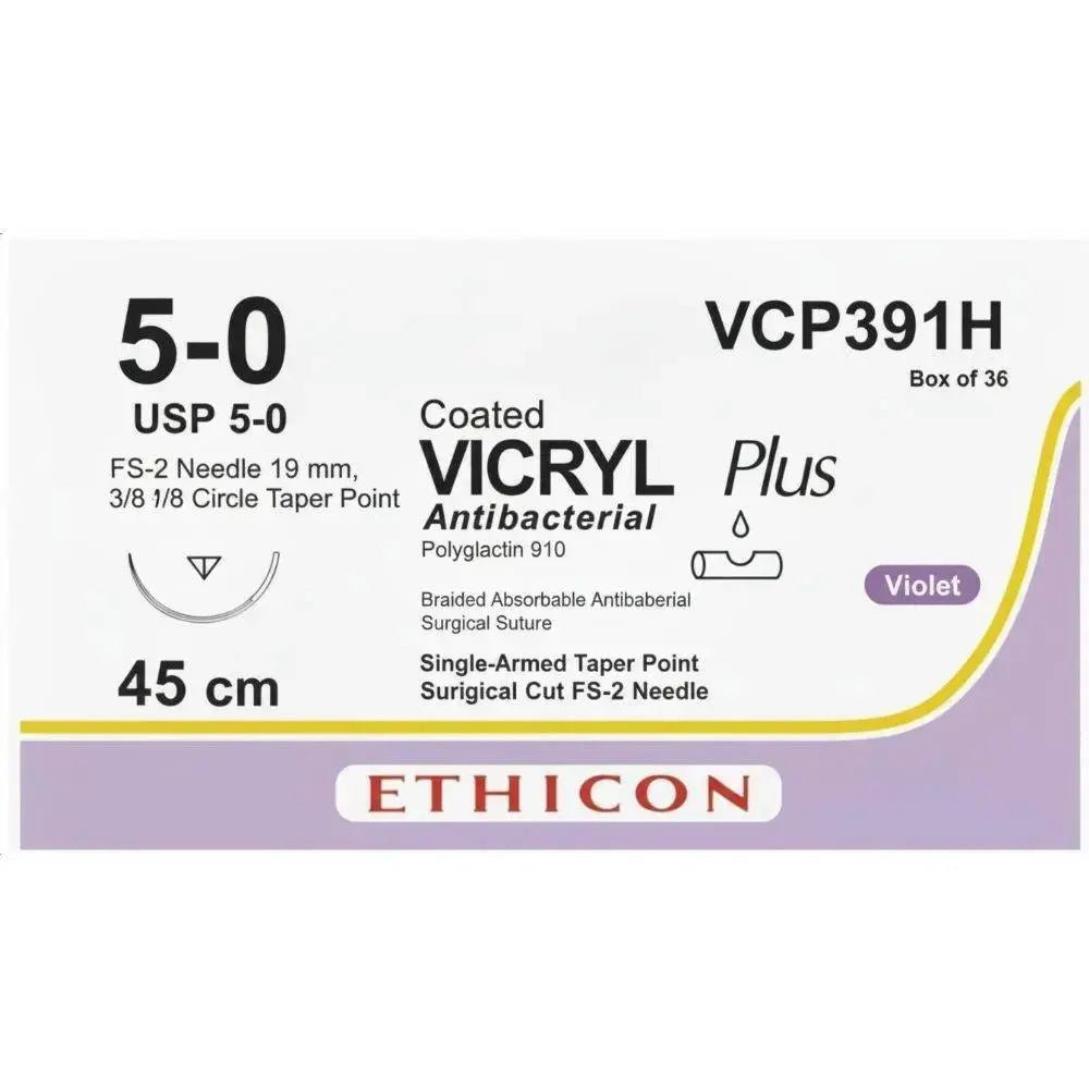 Ethicon Ethicon VICRYL PLUS Polyglactin 910 Braided Absorbable Antibacterial Surgical Suture – USP 5 - 0 – 45 cm – Violet – Single - Armed Taper Point FS - 2 Needle 19 mm, 3/8 Circle – VCP391H (Box of 36) Size: 5 - 0 Colour: Violet Style: Taper Point FS - 2 UK VCP391H