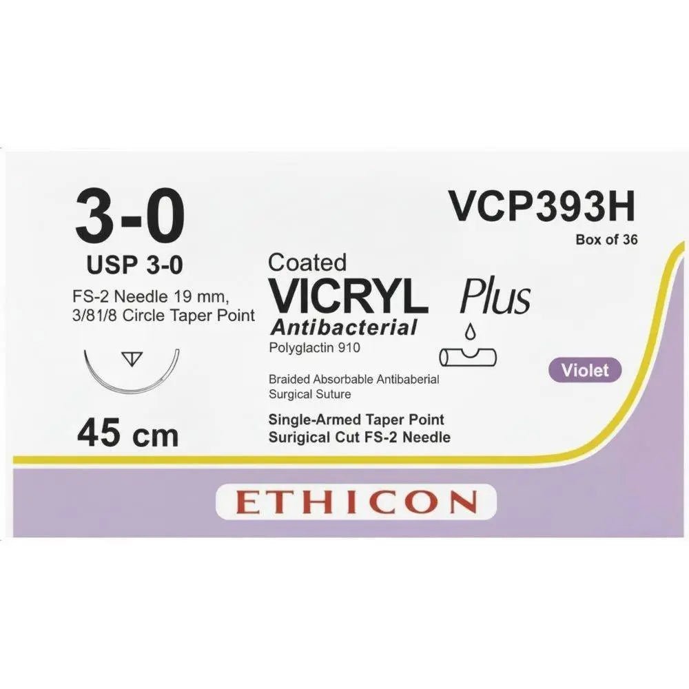 Ethicon Ethicon VICRYL PLUS Polyglactin 910 Braided Absorbable Antibacterial Surgical Suture – USP 3 - 0 – 45 cm – Violet – Single - Armed Taper Point FS - 2 Needle 19 mm, 3/8 Circle – VCP393H (Box of 36) Size: 3 - 0 Colour: Violet Style: Taper Point FS - 2 UK VCP393H