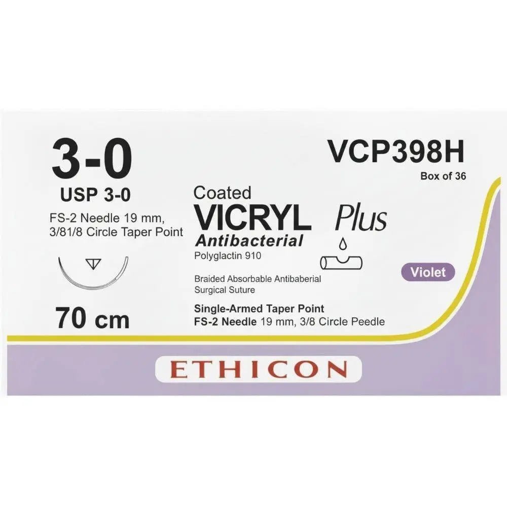 Ethicon Ethicon VICRYL PLUS Polyglactin 910 Braided Absorbable Antibacterial Surgical Suture – USP 3 - 0 – 70 cm – Violet – Single - Armed Taper Point FS - 2 Needle 19 mm, 3/8 Circle – VCP398H (Box of 36) Size: 3 - 0 Colour: Violet Style: Taper Point FS - 2 UK VCP398H
