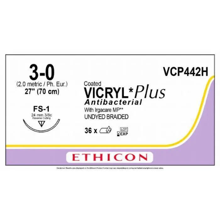 Ethicon Ethicon VICRYL PLUS Polyglactin 910 Braided Absorbable Antibacterial Surgical Suture – USP 3 - 0 – 70 cm – Undyed – Single - Armed Reverse Cutting Needle 24 mm, 3/8 Circle – VCP442H (Box of 36) UK VCP442H