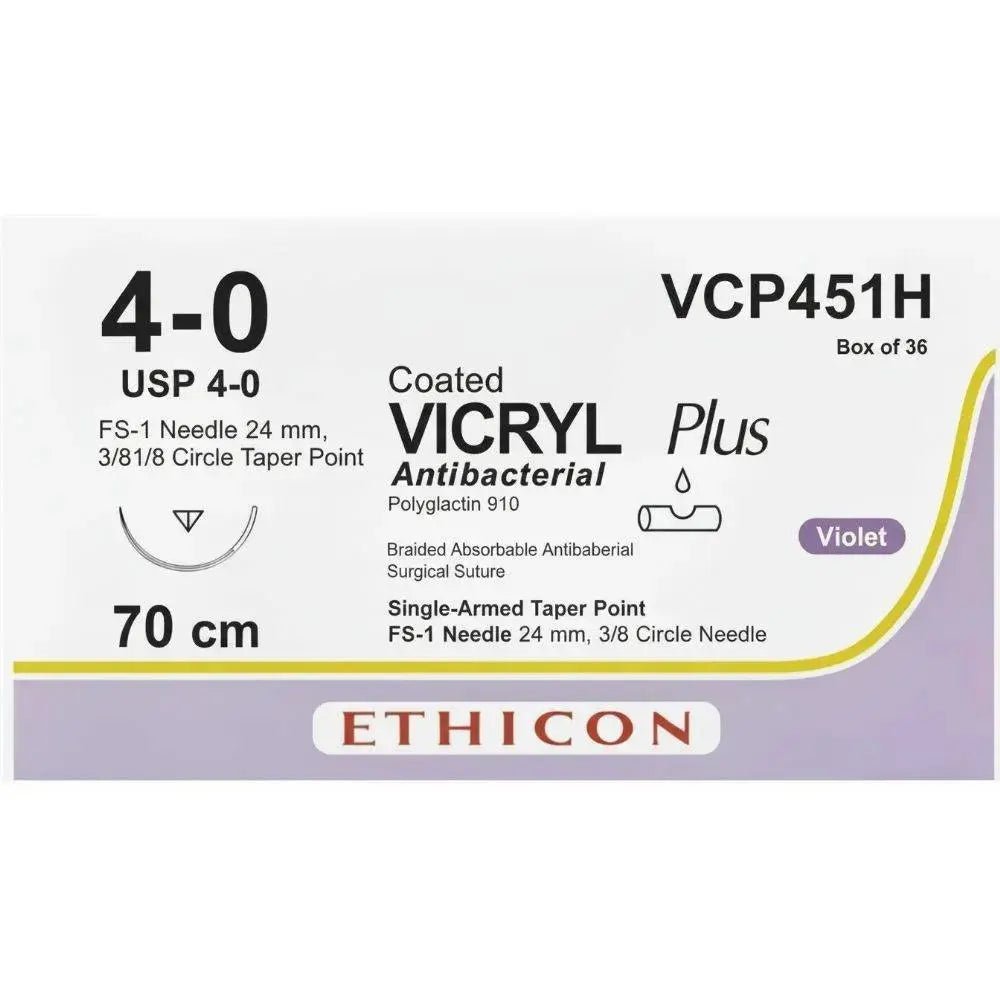 Ethicon Ethicon VICRYL PLUS Polyglactin 910 Braided Absorbable Antibacterial Surgical Suture – USP 4 - 0 – 70 cm – Violet – Single - Armed Taper Point FS - 1 Needle 24 mm, 3/8 Circle – VCP451H (Box of 36) Size: 4 - 0 Colour: Violet Style: Taper Point FS - 1 UK VCP451H