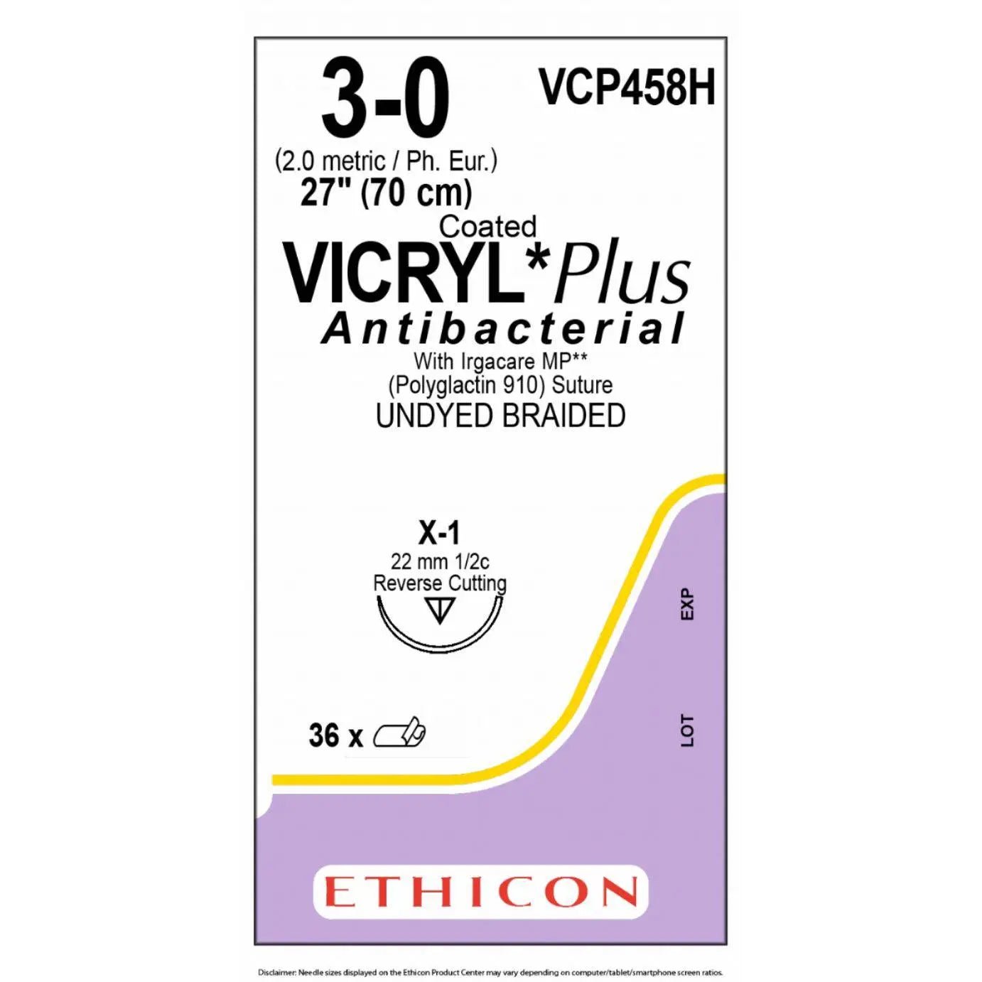 Ethicon Ethicon VICRYL PLUS Polyglactin 910 Braided Absorbable Antibacterial Surgical Suture – USP 3 - 0 – 27 in (68 cm) – Undyed – Single - Armed X - 1 Needle – VCP458H (Box of 36) UK VCP458H