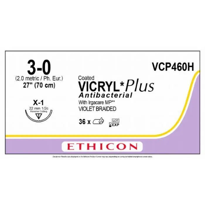 Ethicon Ethicon VICRYL PLUS Polyglactin 910 Braided Absorbable Antibacterial Surgical Suture – USP 3 - 0 – 45 cm – Violet – Single - Armed Conventional Cutting Needle 22 mm, 1/2 Circle – VCP460H (Box of 36) Code: VCP460H UK VCP460H