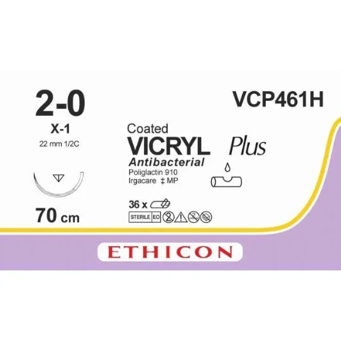 Ethicon Ethicon VICRYL PLUS Polyglactin 910 Braided Absorbable Antibacterial Surgical Suture – USP 2 - 0 – 27 in (68 cm) – Violet – Single - Armed X - 1 Needle – VCP461H (Box of 36) UK VCP461H