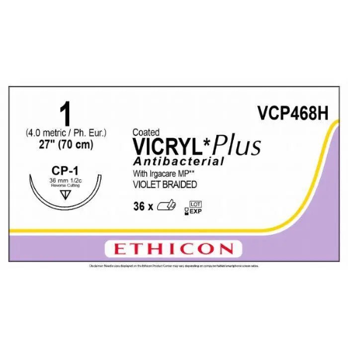 Ethicon Ethicon VICRYL PLUS Polyglactin 910 Braided Absorbable Antibacterial Surgical Suture – USP 1 – 27 in (68 cm) – Violet – Single - Armed CP - 1 Needle – VCP468H (Box of 36) UK VCP468H