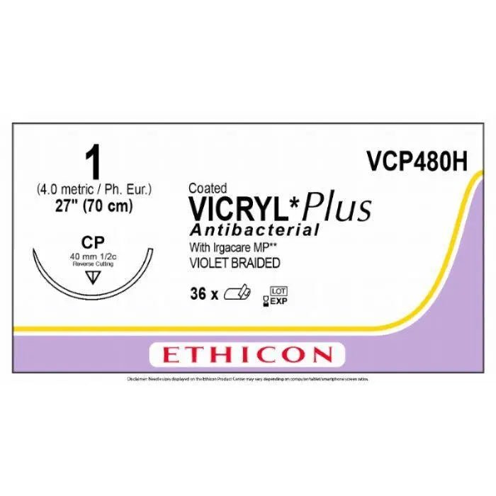 Ethicon Ethicon VICRYL PLUS Polyglactin 910 Braided Absorbable Antibacterial Surgical Suture – USP 1 – 70 cm – Violet – Single - Armed Reverse Cutting Needle 40 mm, 1/2 Circle – VCP480H (Box of 36) UK VCP480H