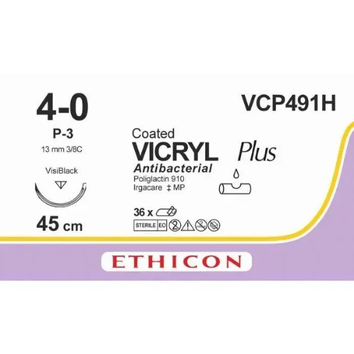 Ethicon Ethicon VICRYL PLUS Polyglactin 910 Braided Absorbable Antibacterial Surgical Suture – USP 4 - 0 – 18 in (45 cm) – Undyed – Single - Armed P - 3 VB Needle – VCP491H (Box of 36) Size: 4 - 0 Colour: Undyed Style: cutting UK VCP491H