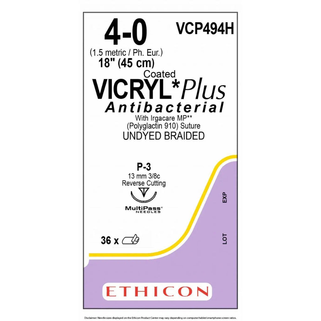 Ethicon Ethicon VICRYL PLUS Polyglactin 910 Braided Absorbable Antibacterial Surgical Suture – USP 4 - 0 – 18 in (45 cm) – Undyed – Single - Armed P - 3 PRM MP Needle – VCP494H (Box of 36) Size: 4 - 0 Colour: Undyed Style: cutting UK VCP494H