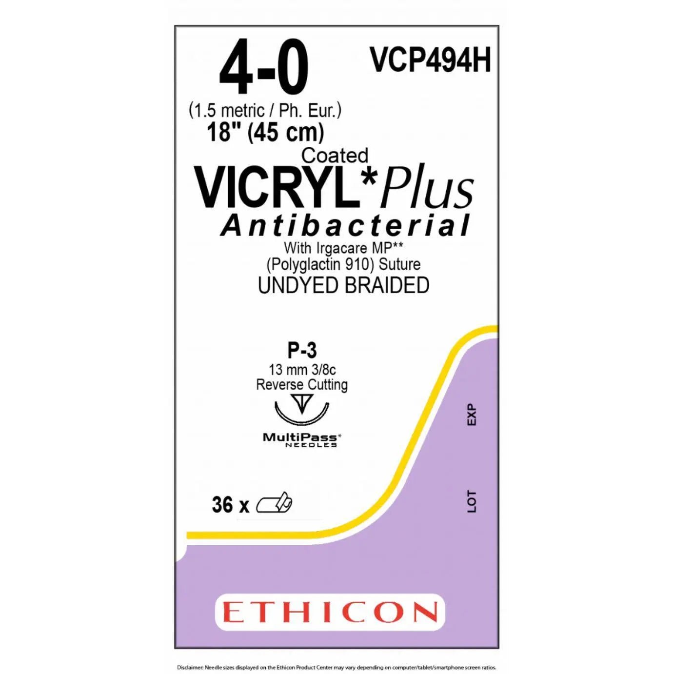 Ethicon Ethicon VICRYL PLUS Polyglactin 910 Braided Absorbable Antibacterial Surgical Suture – USP 4 - 0 – 18 in (45 cm) – Undyed – Single - Armed P - 3 PRM MP Needle – VCP494H (Box of 36) Size: 4 - 0 Colour: Undyed Style: cutting UK VCP494H