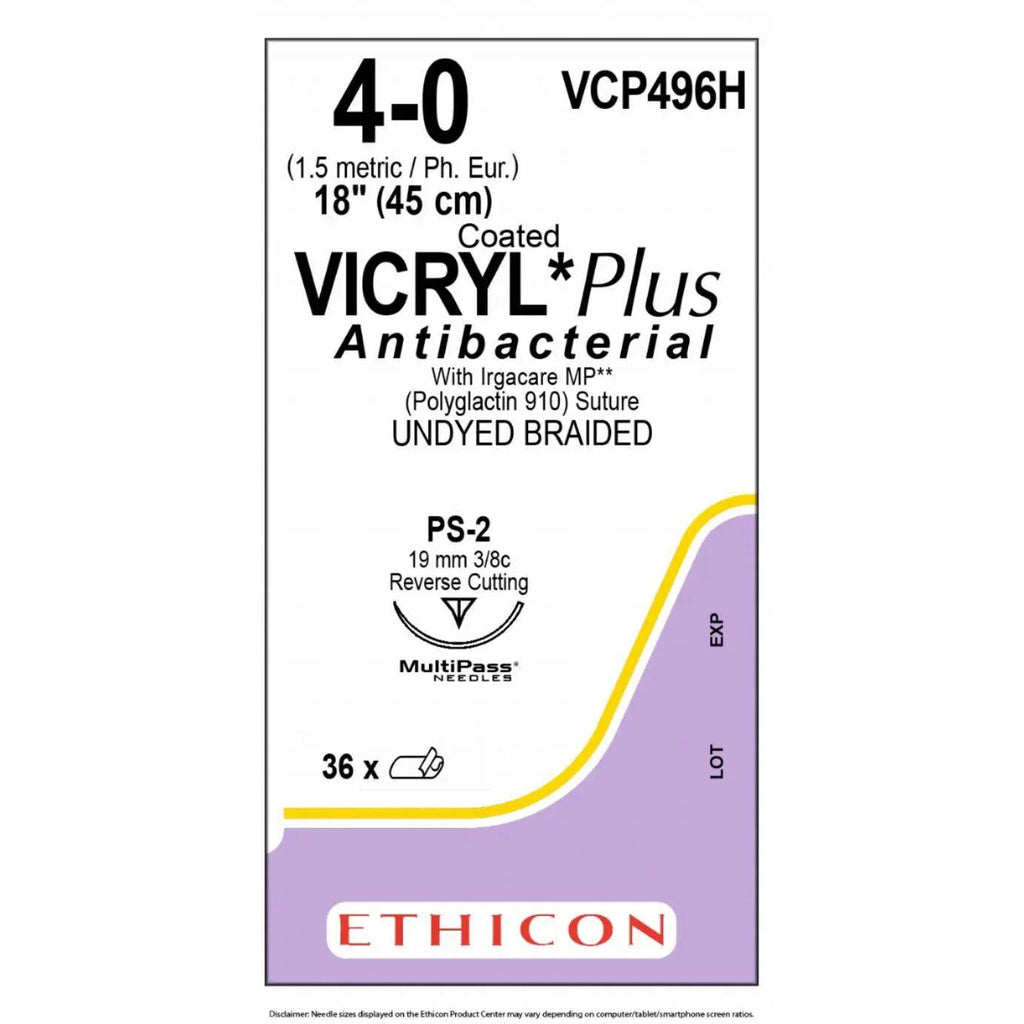 Ethicon Ethicon VICRYL PLUS Polyglactin 910 Braided Absorbable Antibacterial Surgical Suture – USP 4 - 0 – 18 in (45 cm) – Undyed – Single - Armed PS - 2 PRM MP Needle – VCP496H (Box of 36) Size: 4 - 0 Colour: Undyed Style: cutting UK VCP496H