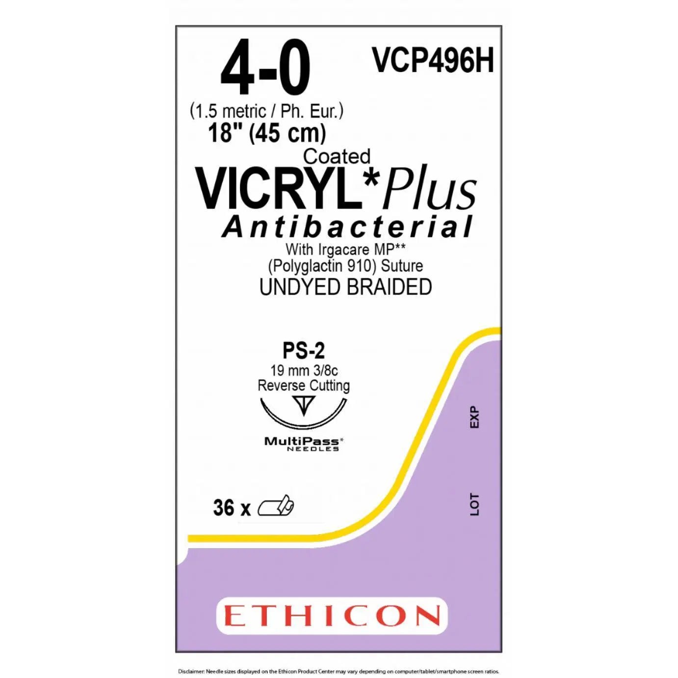 Ethicon Ethicon VICRYL PLUS Polyglactin 910 Braided Absorbable Antibacterial Surgical Suture – USP 4 - 0 – 18 in (45 cm) – Undyed – Single - Armed PS - 2 PRM MP Needle – VCP496H (Box of 36) Size: 4 - 0 Colour: Undyed Style: cutting UK VCP496H