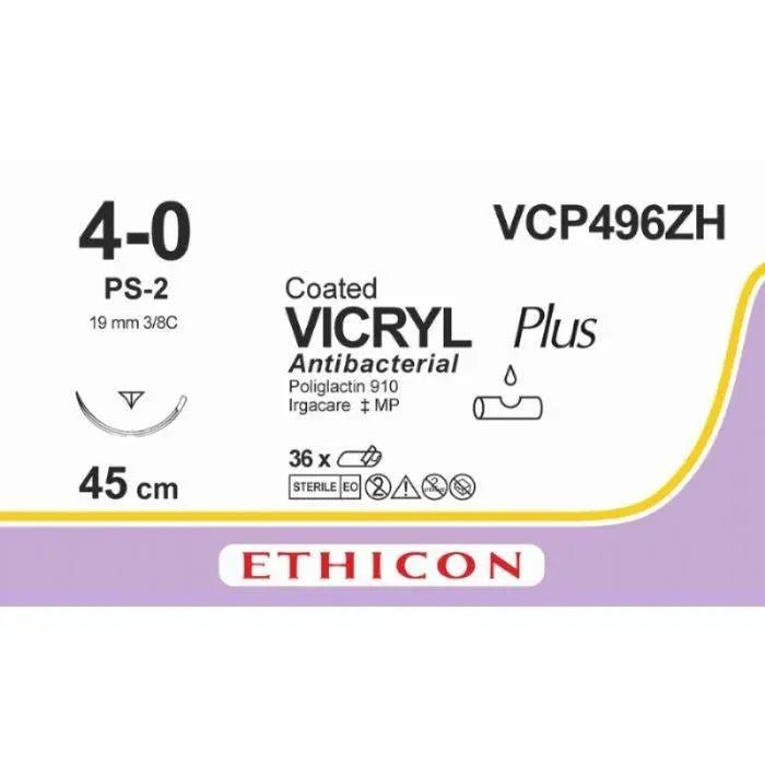 Ethicon Ethicon VICRYL PLUS Polyglactin 910 Braided Absorbable Antibacterial Surgical Suture – USP 4 - 0 – 45 cm – Undyed – Single - Armed Reverse Cutting Prime Needle 19 mm, 3/8 Circle – VCP496ZH (Box of 36) UK VCP496ZH