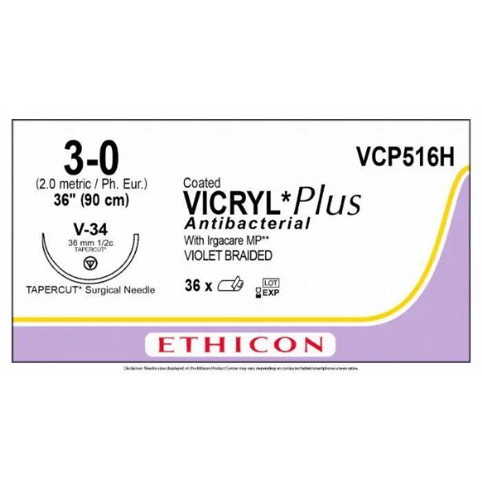 Ethicon Ethicon VICRYL PLUS Polyglactin 910 Braided Absorbable Antibacterial Surgical Suture – USP 3 - 0 – 90 cm – Violet – Single - Armed Tapercut Needle 36 mm, 1/2 Circle – VCP516H (Box of 36) UK VCP516H