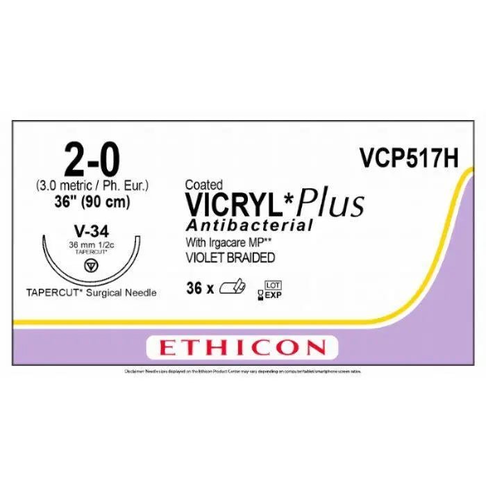 Ethicon Ethicon VICRYL PLUS Polyglactin 910 Braided Absorbable Antibacterial Surgical Suture – USP 2 - 0 – 90 cm – Violet – Single - Armed Tapercut Needle 36 mm, 1/2 Circle – VCP517H (Box of 36) UK VCP517H