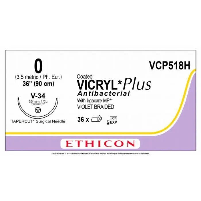 Ethicon Ethicon VICRYL PLUS Polyglactin 910 Braided Absorbable Antibacterial Surgical Suture – USP 0 – 90 cm – Violet – Single - Armed Tapercut Needle 36 mm, 1/2 Circle – VCP518H (Box of 36) UK VCP518H