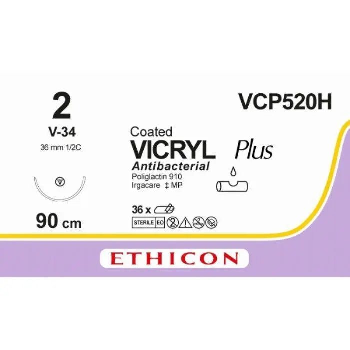 Ethicon Ethicon VICRYL PLUS Polyglactin 910 Braided Absorbable Antibacterial Surgical Suture – USP 2 – 36 in (90 cm) – Violet – Single - Armed V - 34 Needle – VCP520H (Box of 36) UK VCP520H