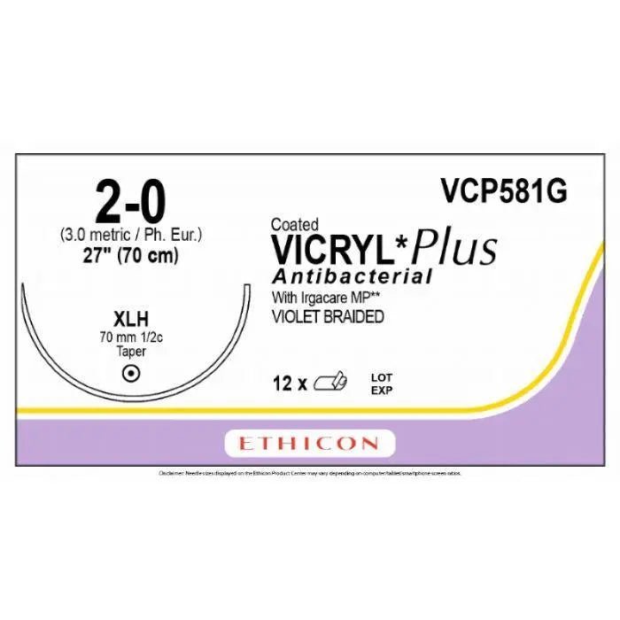 Ethicon Ethicon VICRYL PLUS Polyglactin 910 Braided Absorbable Antibacterial Surgical Suture – USP 2 - 0 – 70 cm – Violet – Single - Armed Taper Point Needle 70 mm, 1/2 Circle – VCP581G (Box of 12) UK VCP581G