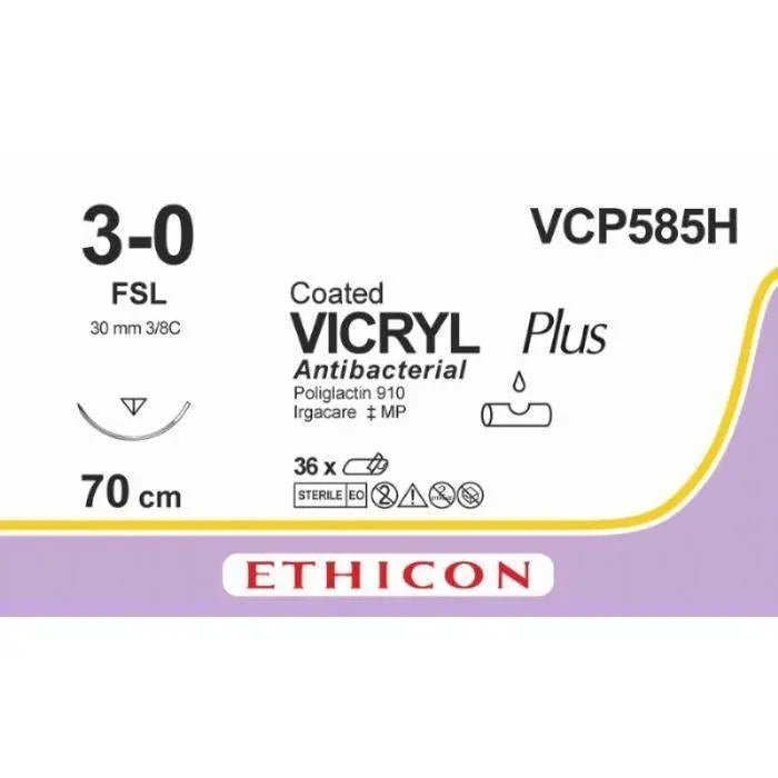 Ethicon Ethicon VICRYL PLUS Polyglactin 910 Braided Absorbable Antibacterial Surgical Suture – USP 3 - 0 – 27 in (68 cm) – Violet – Single - Armed FSL Needle – VCP585H (Box of 36) UK VCP585H