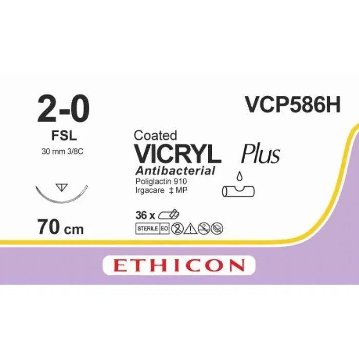 Ethicon Ethicon VICRYL PLUS Polyglactin 910 Braided Absorbable Antibacterial Surgical Suture – USP 2 - 0 – 70 cm – Violet – Single - Armed Reverse Cutting Needle 30 mm, 3/8 Circle – VCP586H (Box of 36) UK VCP586H