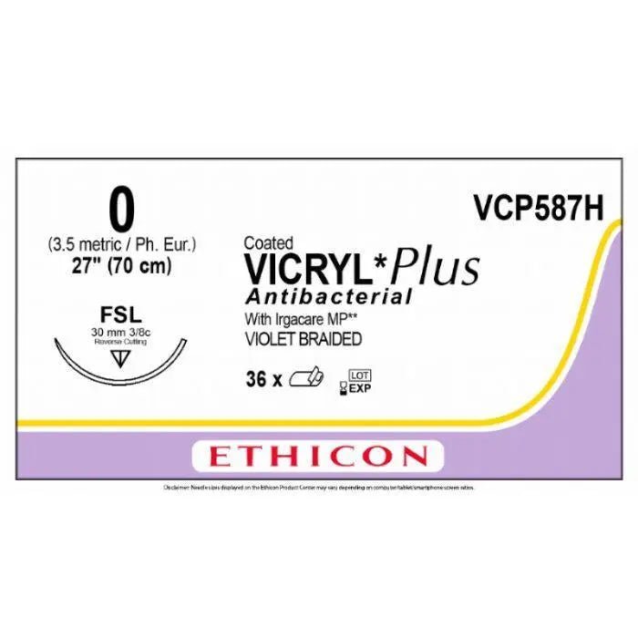 Ethicon Ethicon VICRYL PLUS Polyglactin 910 Braided Absorbable Antibacterial Surgical Suture – USP 0 – 27 in (68 cm) – Violet – Single - Armed FSL Needle – VCP587H (Box of 36) UK VCP587H