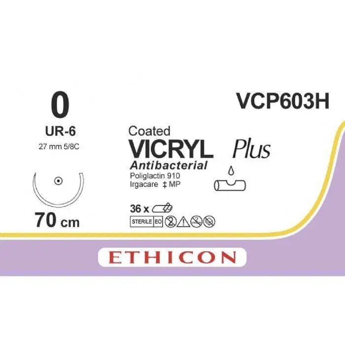 Ethicon Ethicon VICRYL PLUS Polyglactin 910 Braided Absorbable Antibacterial Surgical Suture – USP 0 – 70 cm – Violet – Single - Armed Taper Point Needle 26 mm, 5/8 Circle – VCP603H (Box of 36) UK VCP603H