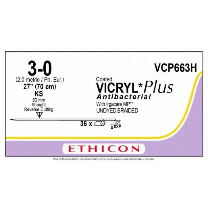 Ethicon Ethicon VICRYL PLUS Polyglactin 910 Braided Absorbable Antibacterial Surgical Suture – USP 3 - 0 – 70 cm – Undyed – Single - Armed Reverse Cutting STRAIGHT Needle 60 mm – VCP663H (Box of 36) UK VCP663H