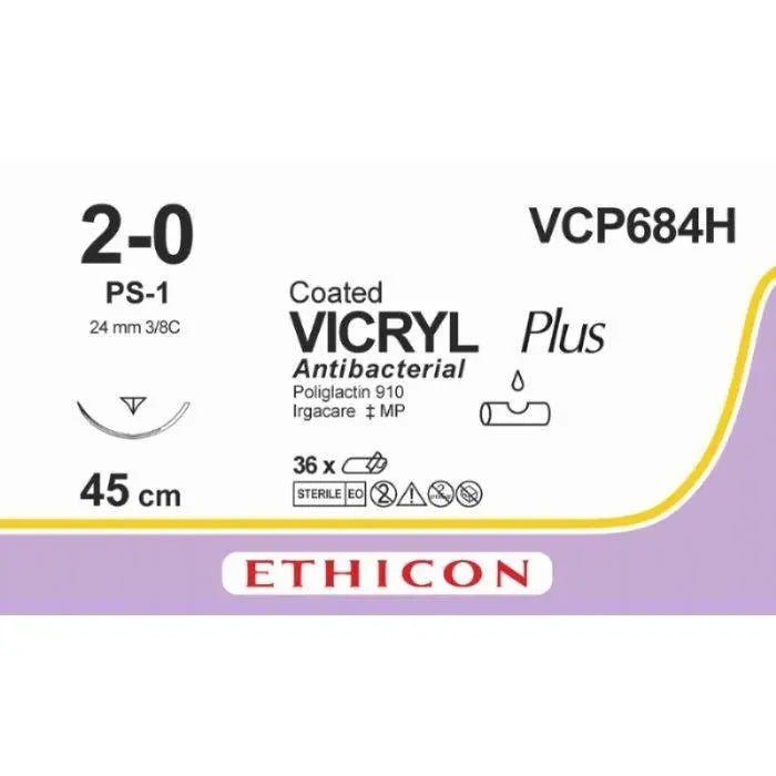 Ethicon Ethicon VICRYL PLUS Polyglactin 910 Braided Absorbable Antibacterial Surgical Suture – USP 2 - 0 – 18 in (45 cm) – Undyed – Single - Armed PS - 1 PRM Needle – VCP684H (Box of 36) UK VCP684H