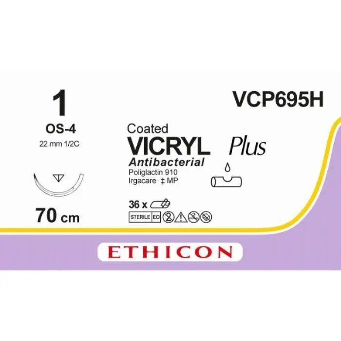 Ethicon Ethicon VICRYL PLUS Polyglactin 910 Braided Absorbable Antibacterial Surgical Suture – USP 1 – 27 in (68 cm) – Undyed – Single - Armed OS - 4 Needle – VCP695H (Box of 36) UK VCP695H