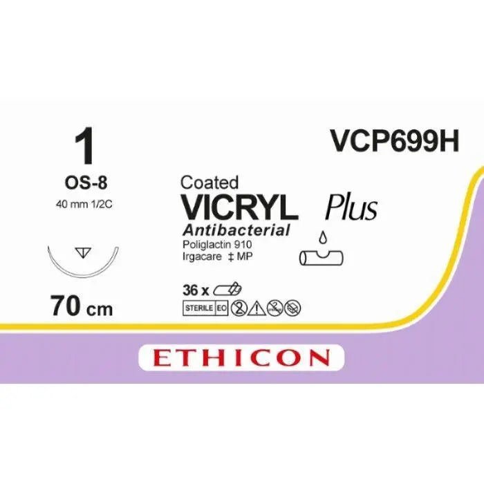 Ethicon Ethicon VICRYL PLUS Polyglactin 910 Braided Absorbable Antibacterial Surgical Suture – USP 1 – 27 in (68 cm) – Undyed – Single - Armed OS - 8 Needle – VCP699H (Box of 36) UK VCP699H